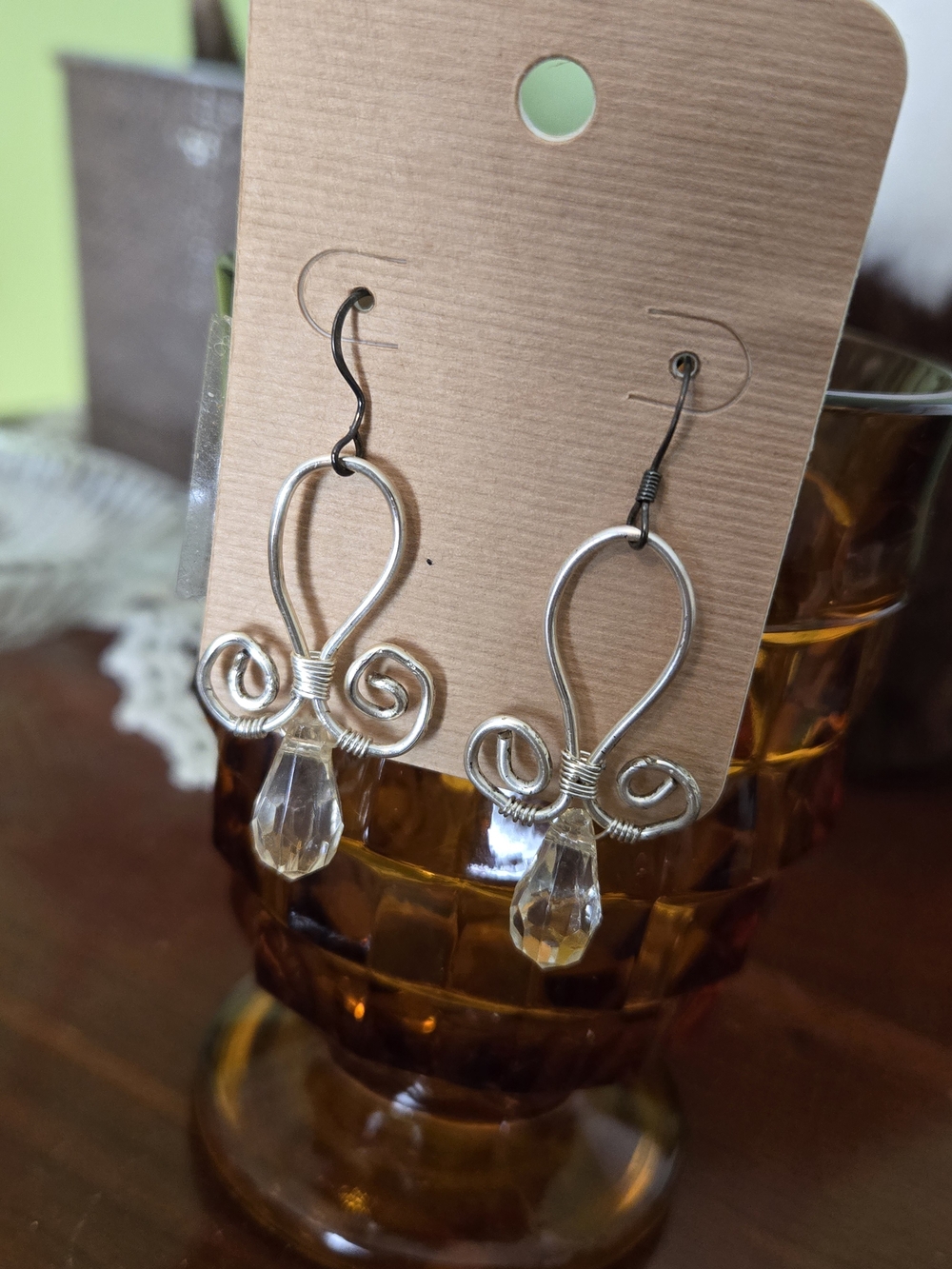 Handcrafted Silver-Tone Wire Earrings with Clear Crystal Drops